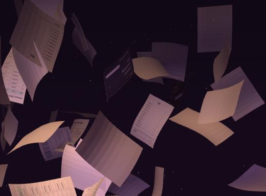 Paper Storm: invoices and spreadsheets swirling in warm light
